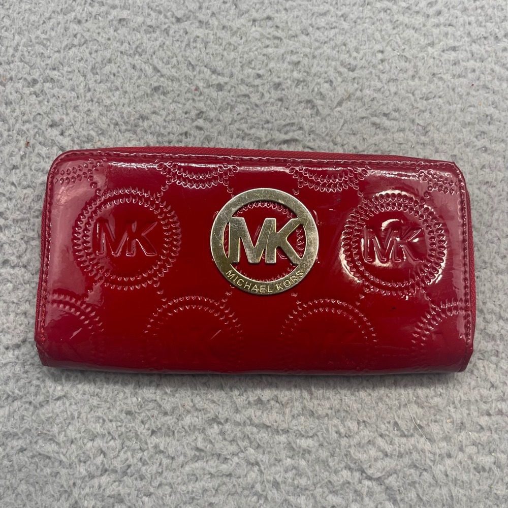 Michael Kors Womens Red Patent Leather Zip Around Continental Logo Wallet Clutch